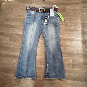Angels of Difference Womens Petite Bootcut Jeans Blue Seam Front Belted 12P NEW